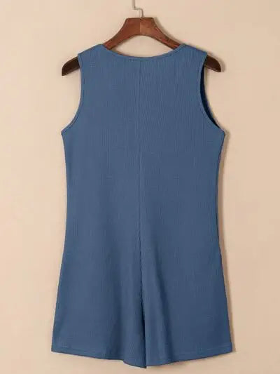 Waffle-Knit Half Button Sleeveless Romper with Pockets - Trendsi - Flyclothing LLC