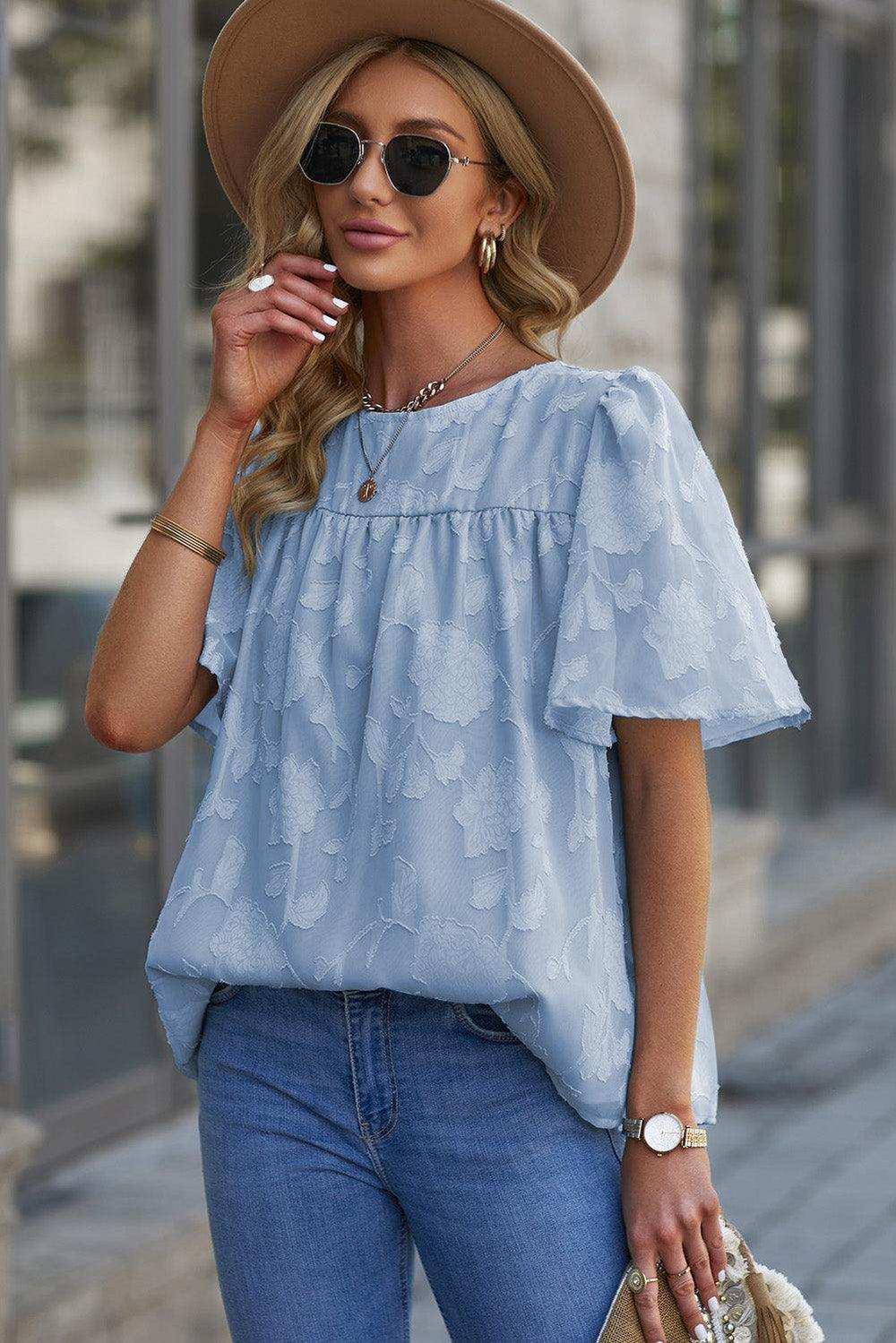 Round Neck Puff Sleeve Blouse - Trendsi - Flyclothing LLC
