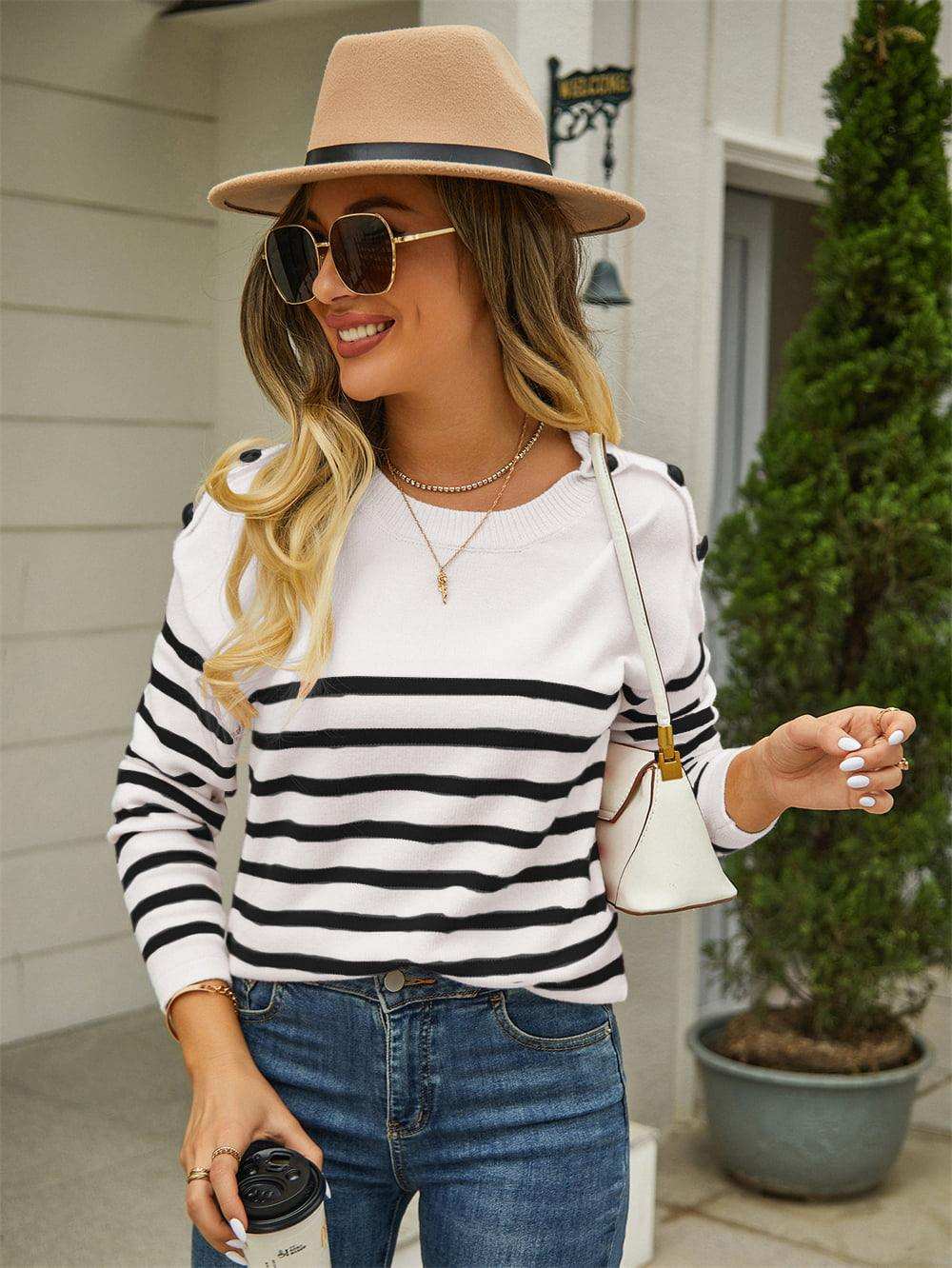 Round Neck Shoulder Button Striped Pullover Sweater - Trendsi - Flyclothing LLC