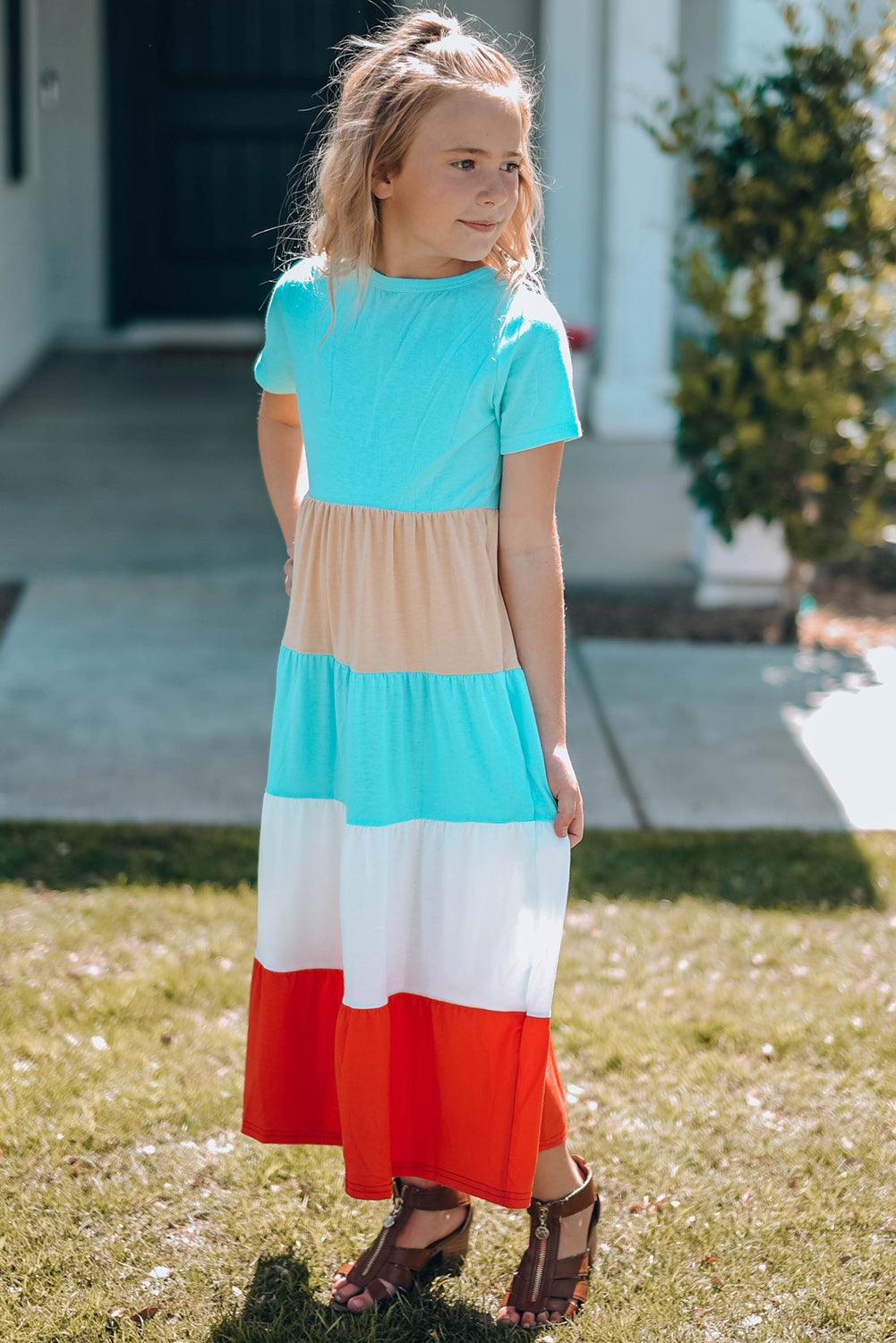 Girls Color Block Round Neck Maxi Dress - Flyclothing LLC