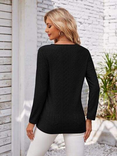 Decorative Button Openwork V-Neck T-Shirt - Trendsi - Flyclothing LLC