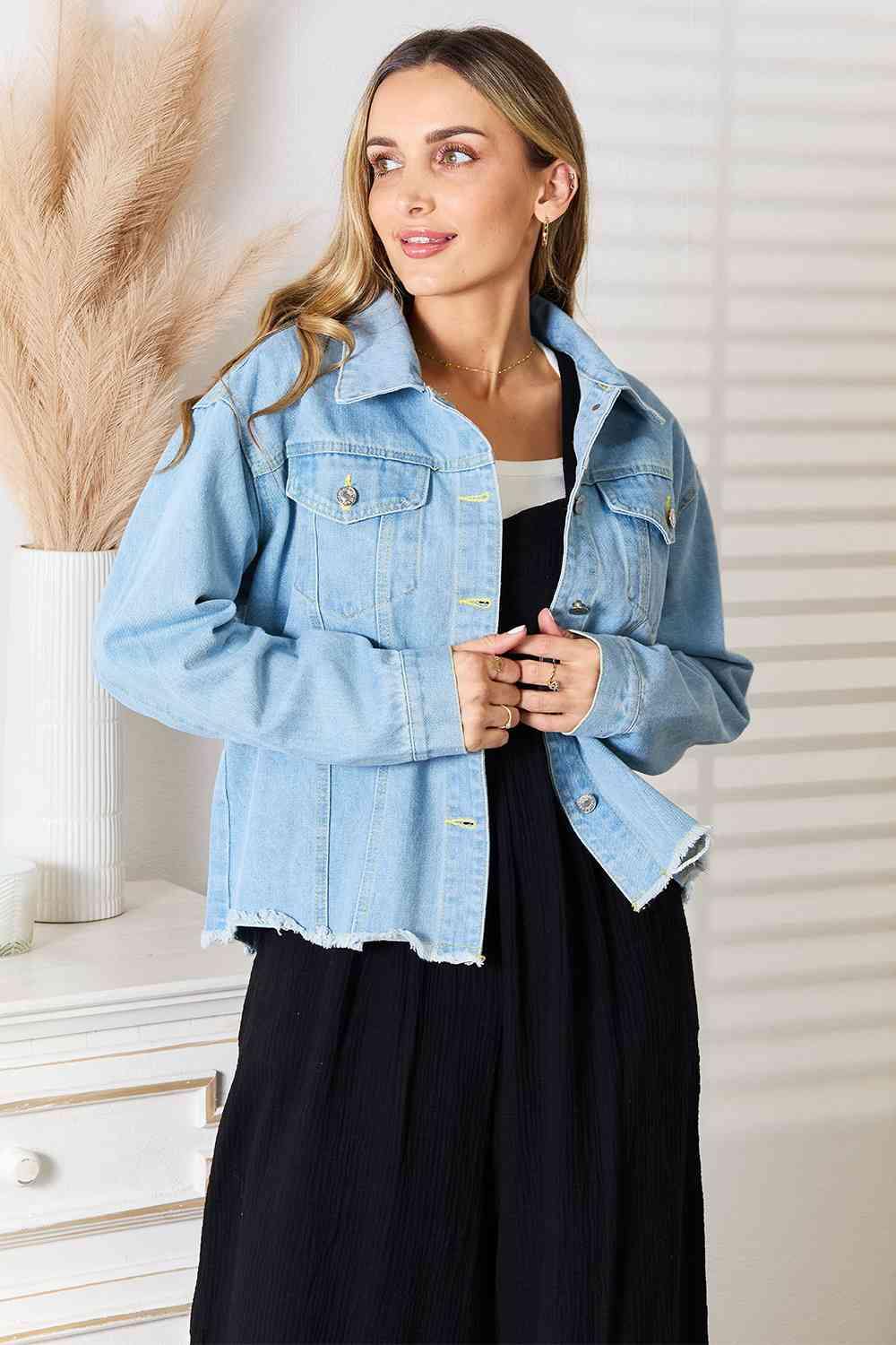 Double Take Dropped Shoulder Raw Hem Denim Jacket - Trendsi