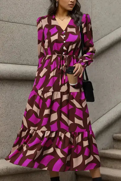 Printed Tied Pocketed Lantern Sleeve Dress - Trendsi - Flyclothing LLC