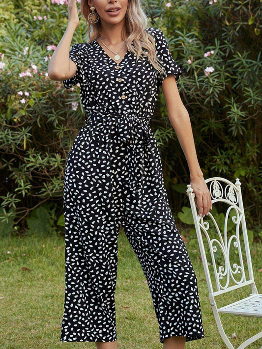 Printed V-Neck Short Sleeve Jumpsuit - Trendsi - Flyclothing LLC