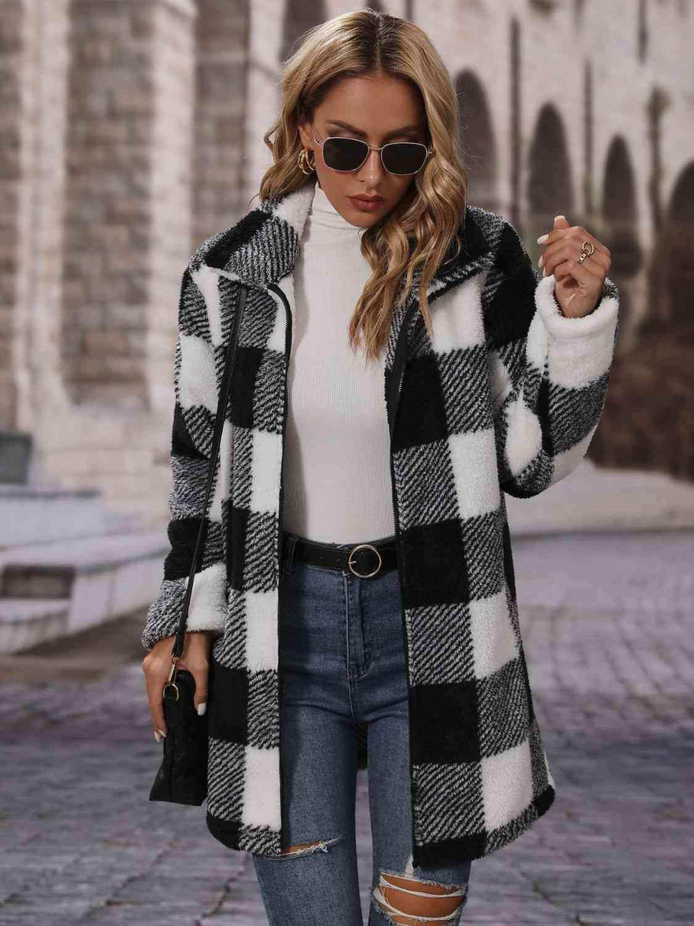 Plaid Collared Neck Coat with Pockets - Trendsi - Flyclothing LLC