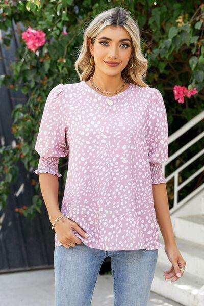 Polka Dot Round Neck Lantern Sleeve Blouse - Trendsi - Flyclothing LLC