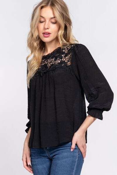 ACTIVE BASIC Crochet Lace Panel Flounce Sleeve Blouse - Trendsi - Flyclothing LLC