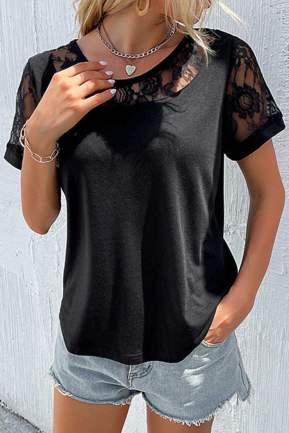 Spliced Lace Round Neck Short Sleeve Top - Trendsi - Flyclothing LLC