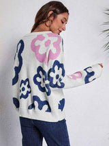 Flower Pattern Round Neck Long Sleeve Sweater - Trendsi - Flyclothing LLC