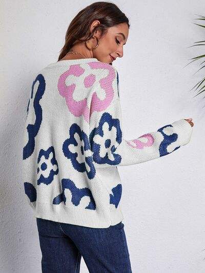 Flower Pattern Round Neck Long Sleeve Sweater - Trendsi - Flyclothing LLC