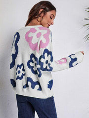 Flower Pattern Round Neck Long Sleeve Sweater - Trendsi