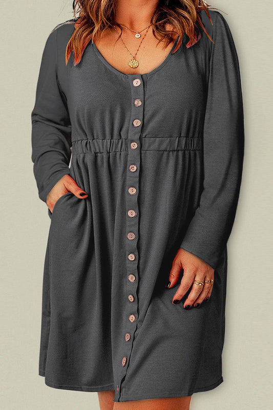 Plus Size Button Front Elastic Waist Long Sleeve Dress - Flyclothing LLC