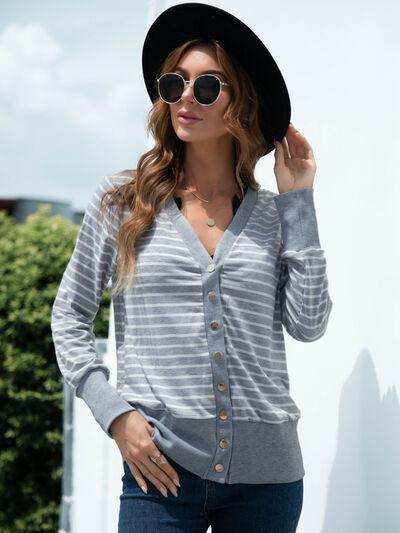 Striped Button Up Long Sleeve Cardigan - Trendsi - Flyclothing LLC