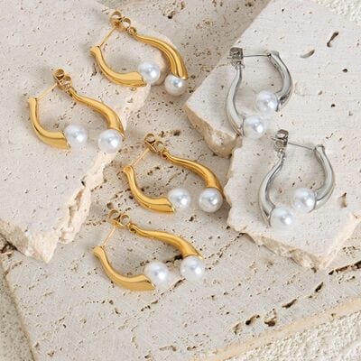 Synthetic Pearl Asymmetrical Titanium Steel Earrings - Flyclothing LLC