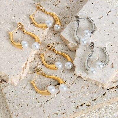 Synthetic Pearl Asymmetrical Titanium Steel Earrings - Trendsi - Flyclothing LLC