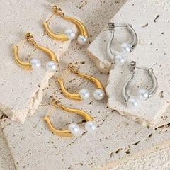 Synthetic Pearl Asymmetrical Titanium Steel Earrings - Flyclothing LLC