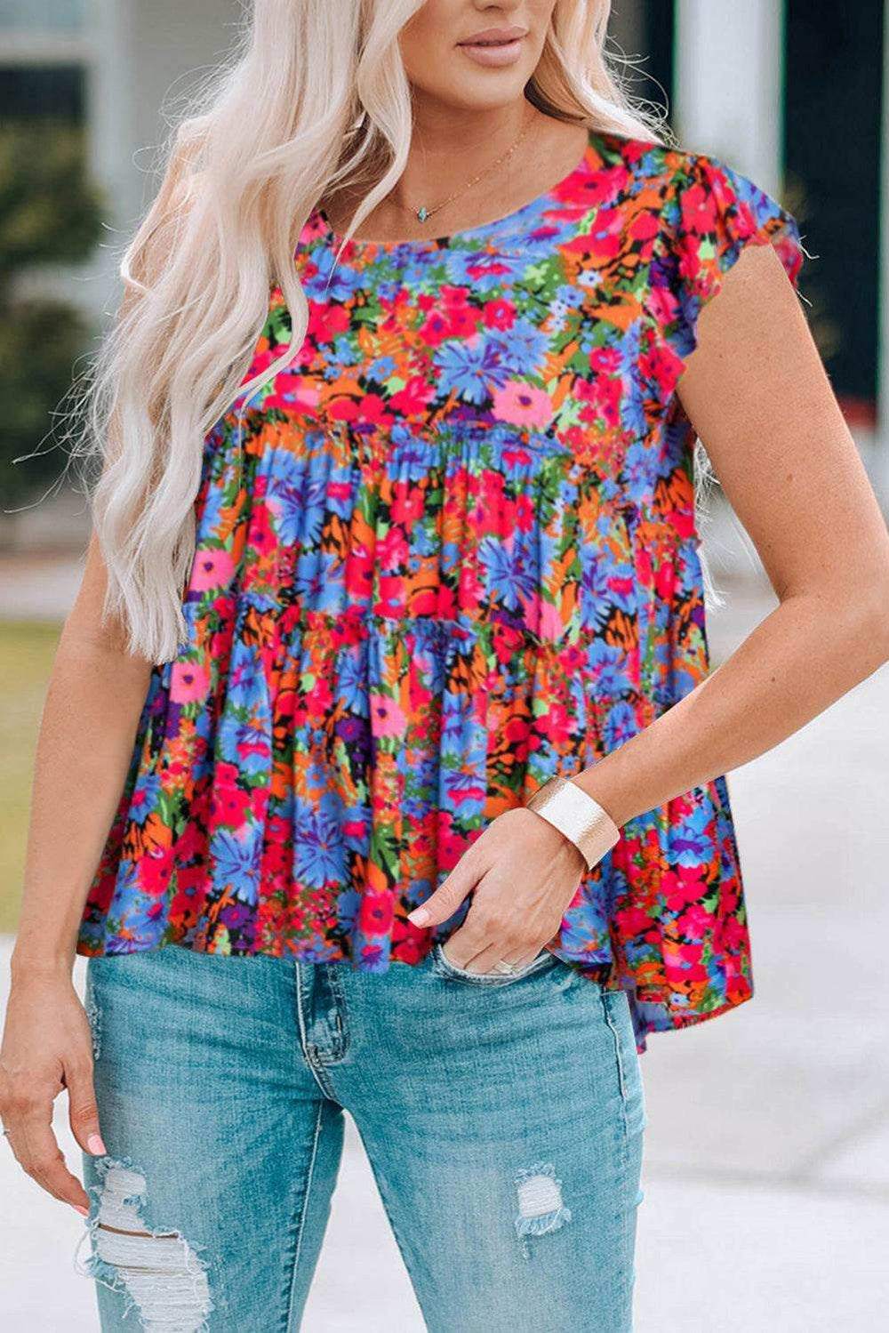 Floral Round Neck Frill Trim Blouse - Trendsi - Flyclothing LLC