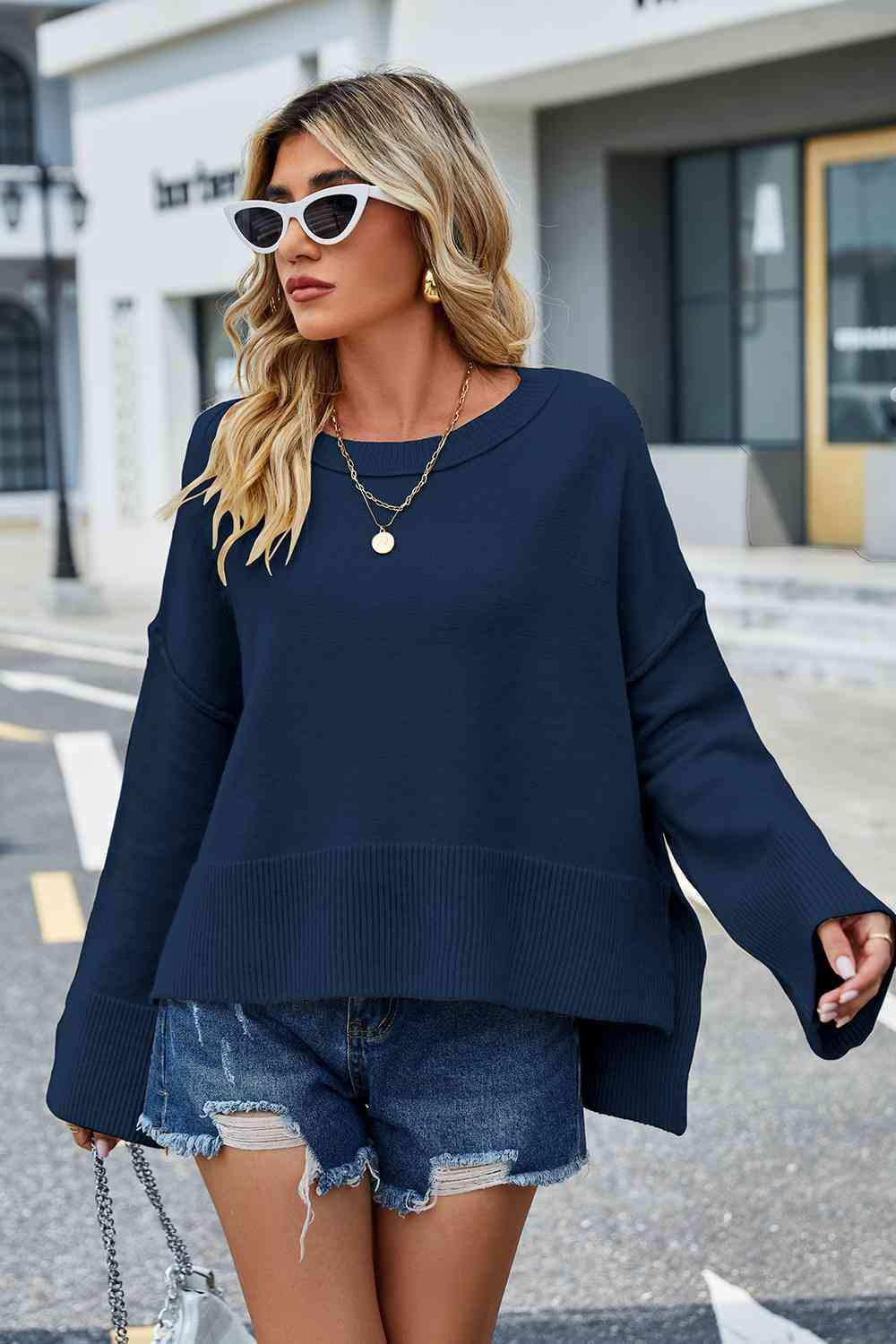 Round Neck Dropped Shoulder Slit Sweater - Trendsi - Flyclothing LLC