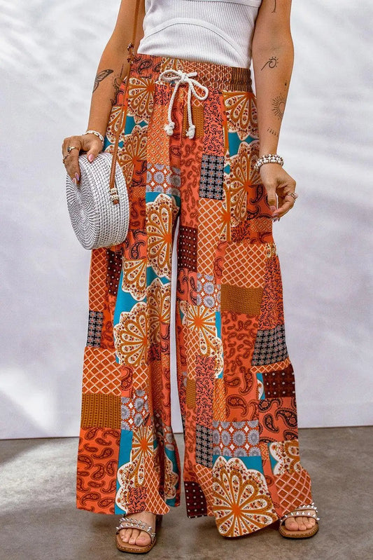 Bohemian Patchwork Drawstring Wide Leg Pants - Trendsi