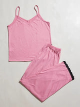 V-Neck Lace Trim Slit Cami and Pants Pajama Set - Trendsi - Flyclothing LLC