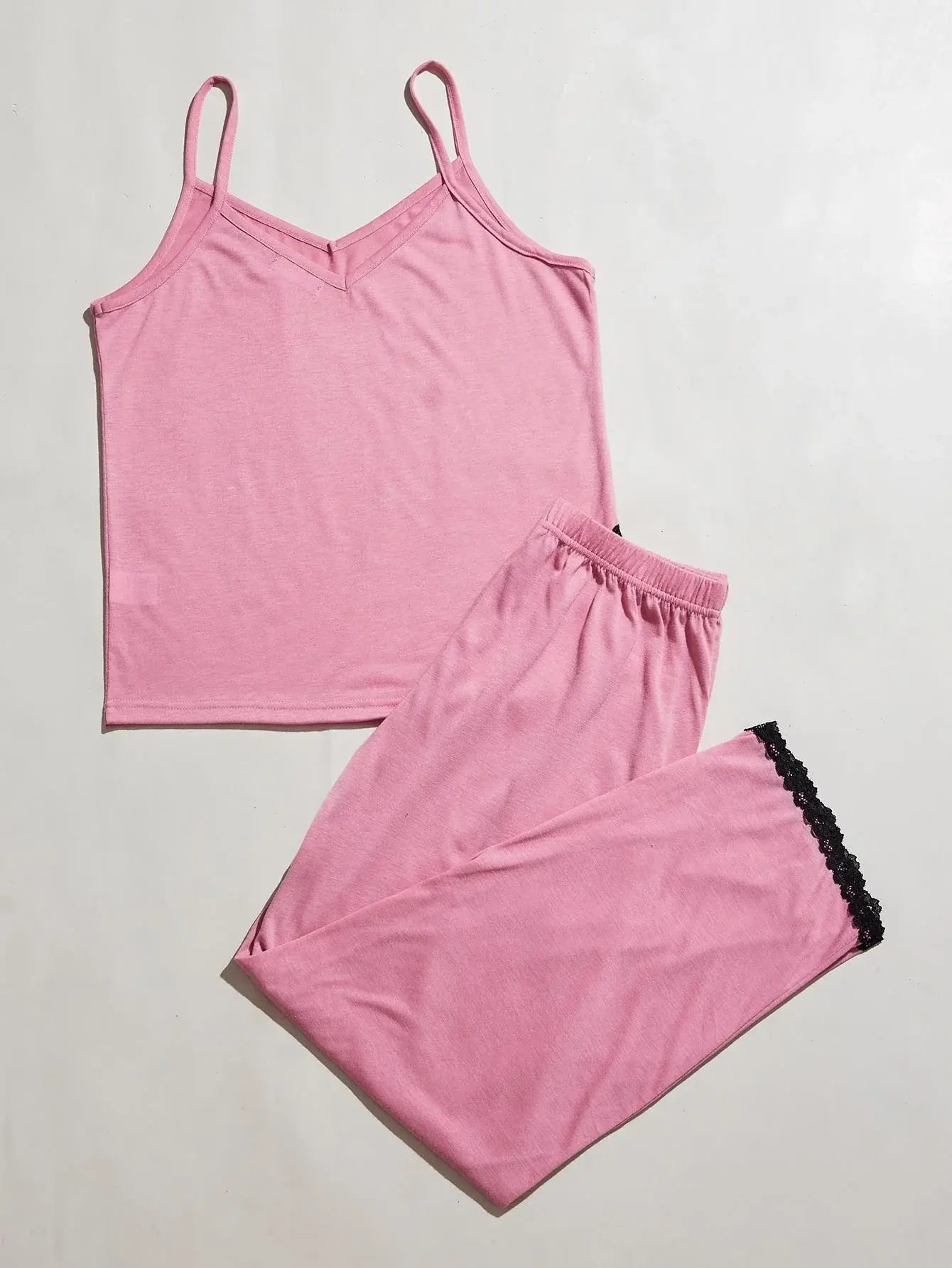 V-Neck Lace Trim Slit Cami and Pants Pajama Set - Trendsi - Flyclothing LLC