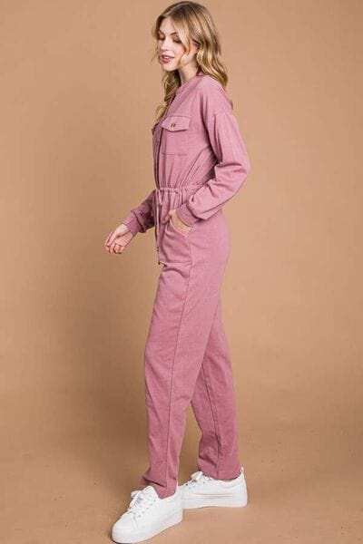 Culture Code Full Size Button Up Drawstring Waist Straight Jumpsuit - Trendsi - Flyclothing LLC