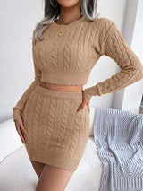 Cable-Knit Round Neck Top and Skirt Sweater Set - Trendsi - Flyclothing LLC