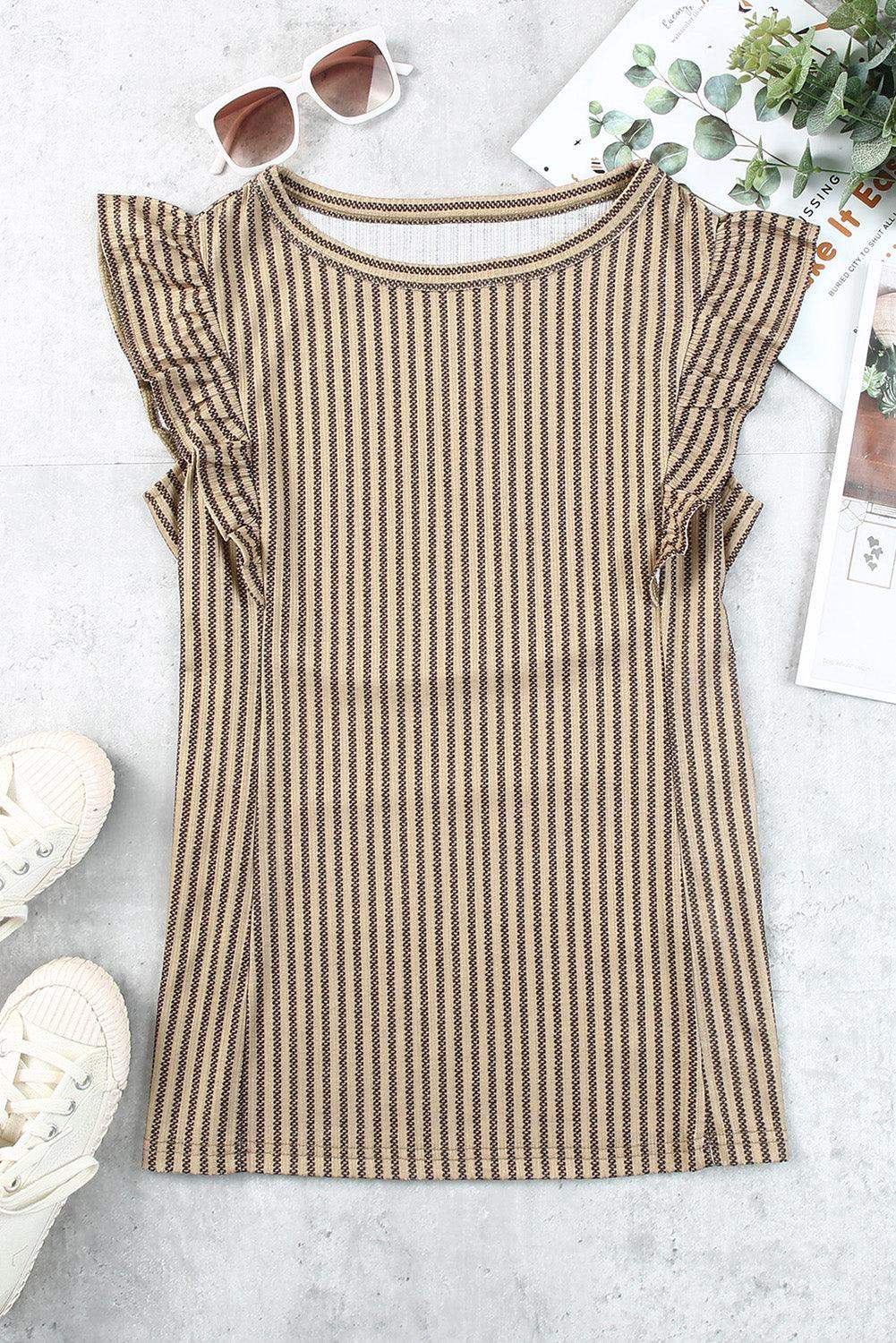 Striped Flutter Sleeve Tank - Trendsi - Flyclothing LLC