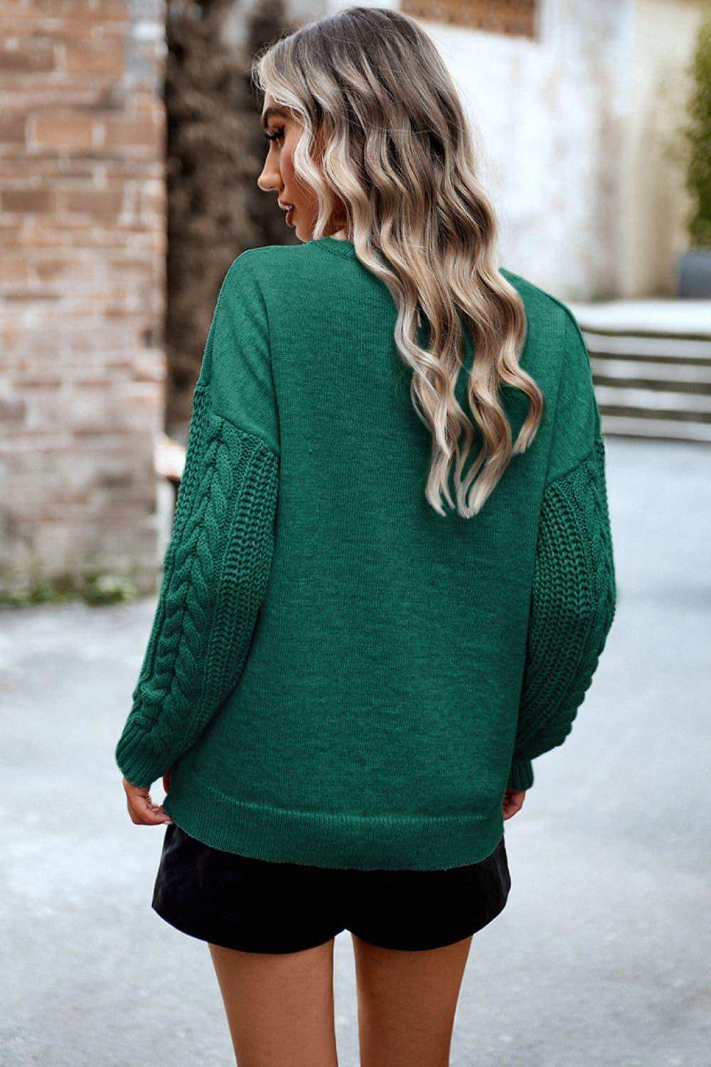 Cable-Knit Round Neck Drop Shoulder Sweater - Trendsi - Flyclothing LLC