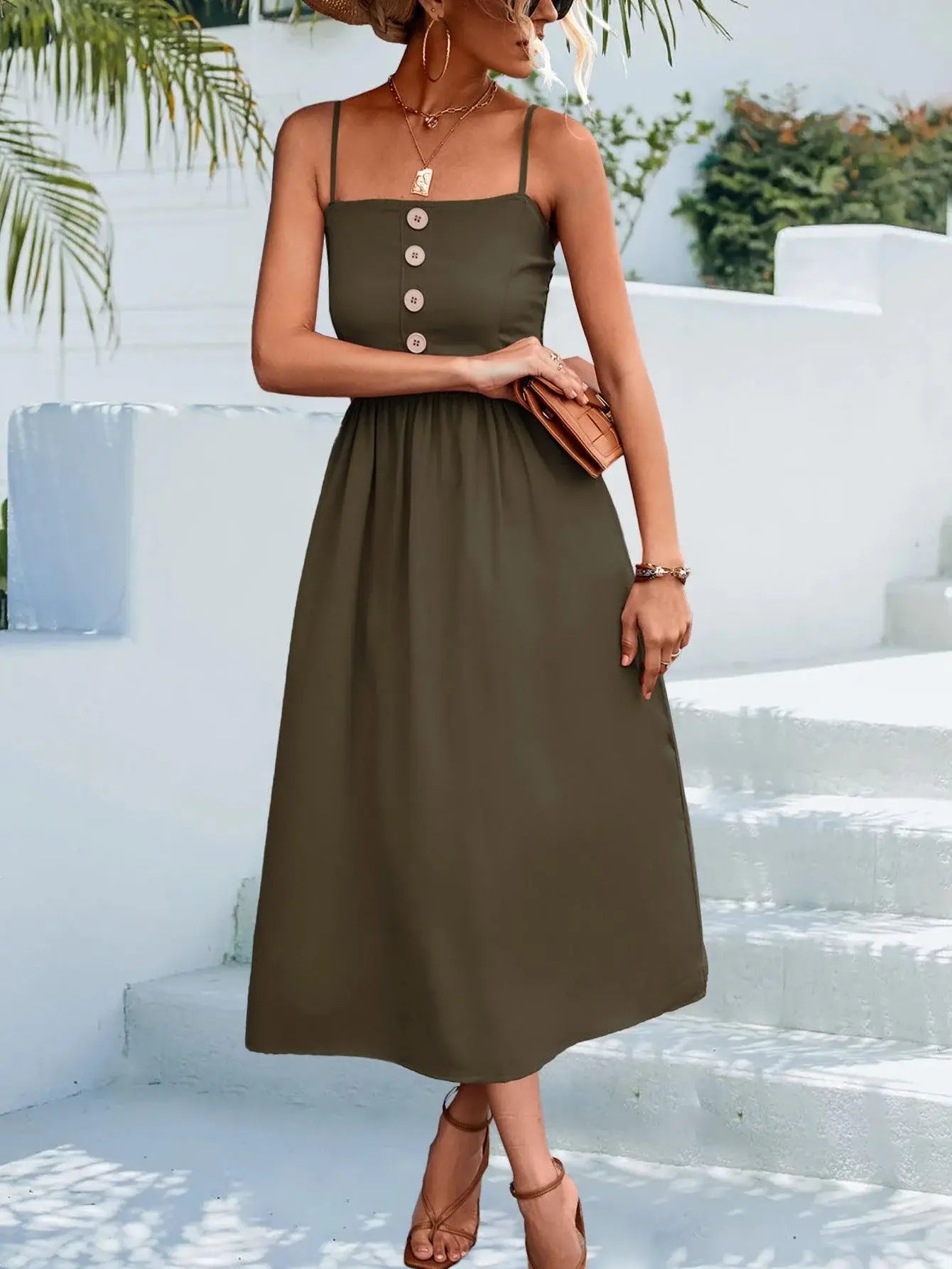 Decorative Button Spaghetti Strap Midi Dress - Trendsi - Flyclothing LLC