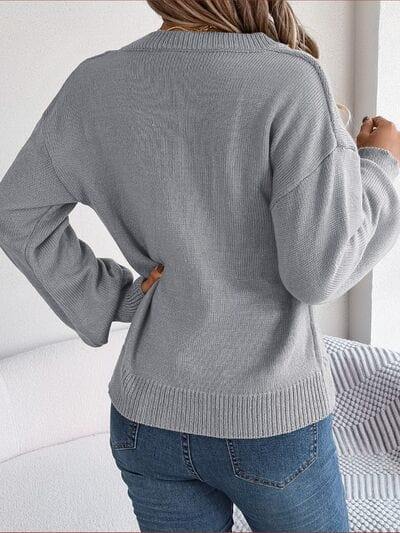 Cable-Knit Buttoned V-Neck Sweater - Trendsi