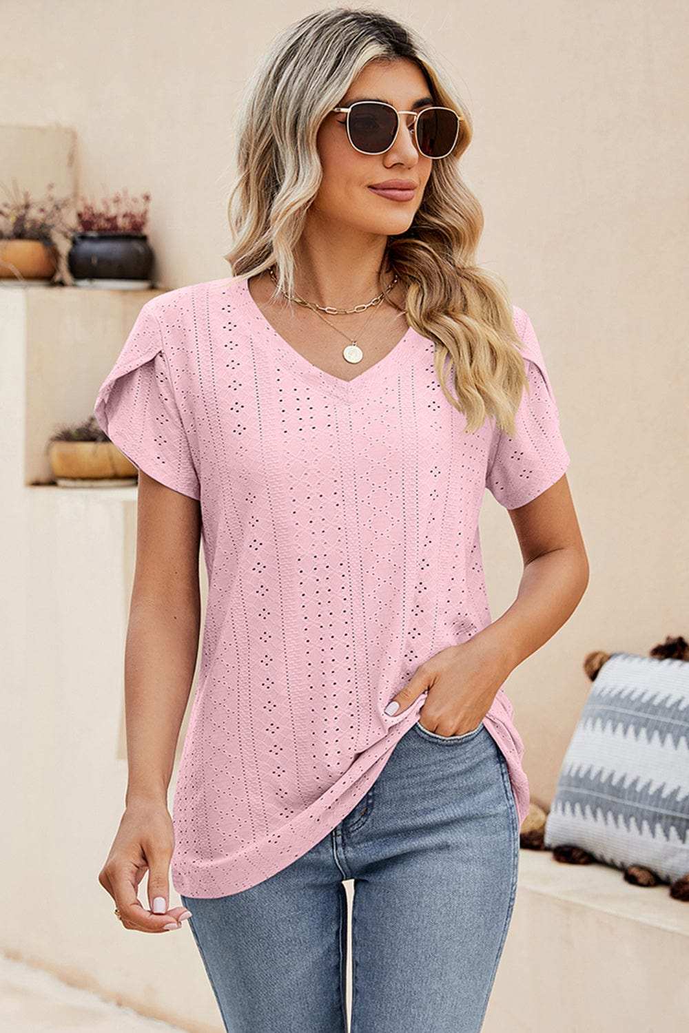 Eyelet V-Neck Petal Sleeve T-Shirt - Trendsi - Flyclothing LLC