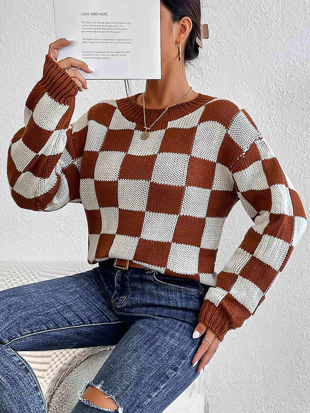 Checkered Round Neck Sweater - Trendsi - Flyclothing LLC