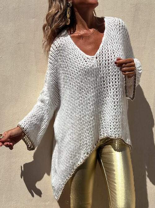 Contrast V-Neck Long Sleeve Sweater - Trendsi - Flyclothing LLC