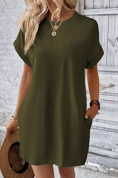 Pocketed Round Neck Short Sleeve Dress - Trendsi - Flyclothing LLC