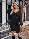 Asymmetrical Surplice Puff Sleeve Mini Dress - Trendsi - Flyclothing LLC