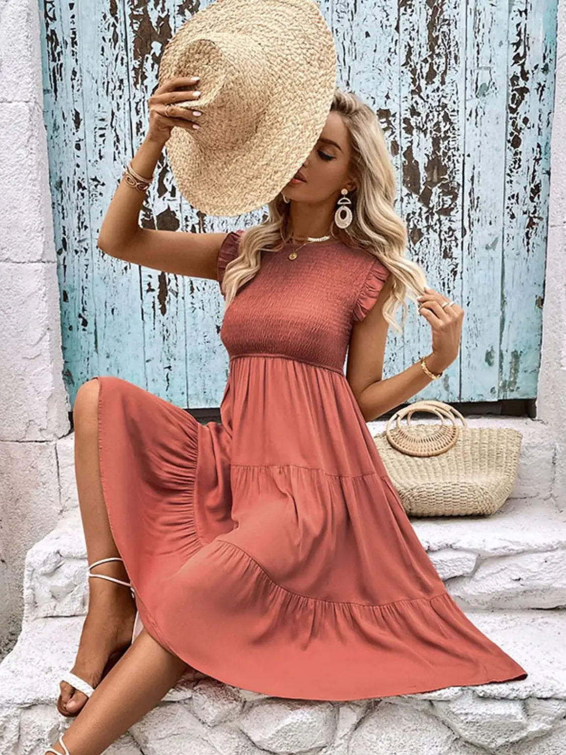 Smocked Round Neck Tiered Dress - Trendsi - Flyclothing LLC
