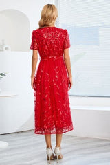 Sequin Leaf Embroidery Tie Front Short Sleeve Dress - Trendsi