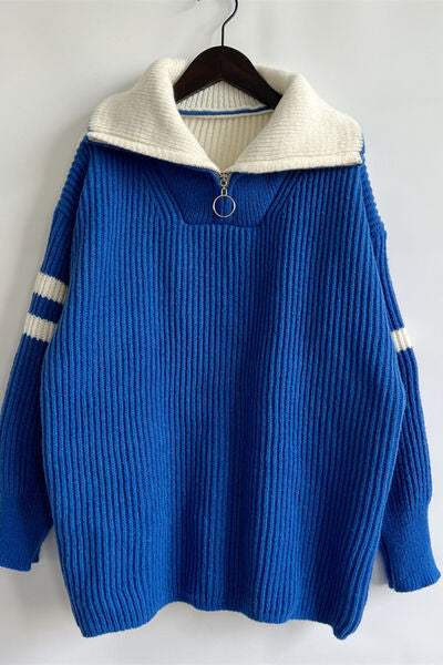 Quarter Zip Striped Dropped Shoulder Sweater - Trendsi - Flyclothing LLC