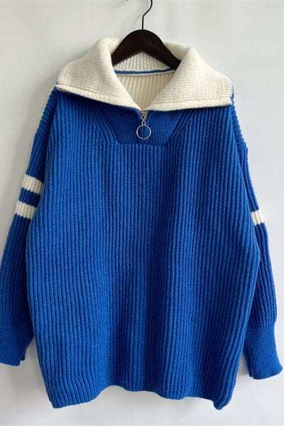 Quarter Zip Striped Dropped Shoulder Sweater - Trendsi - Flyclothing LLC