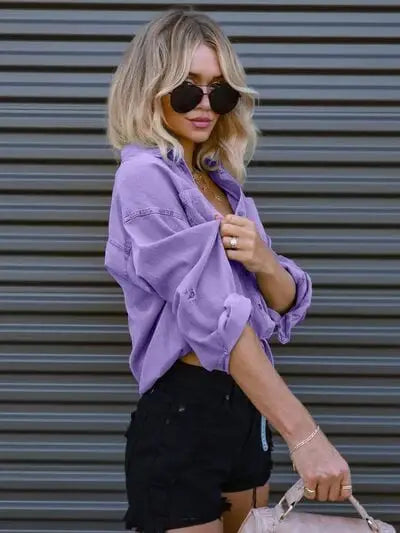 Drawstring Pocketed Button Up Denim Top - Trendsi - Flyclothing LLC