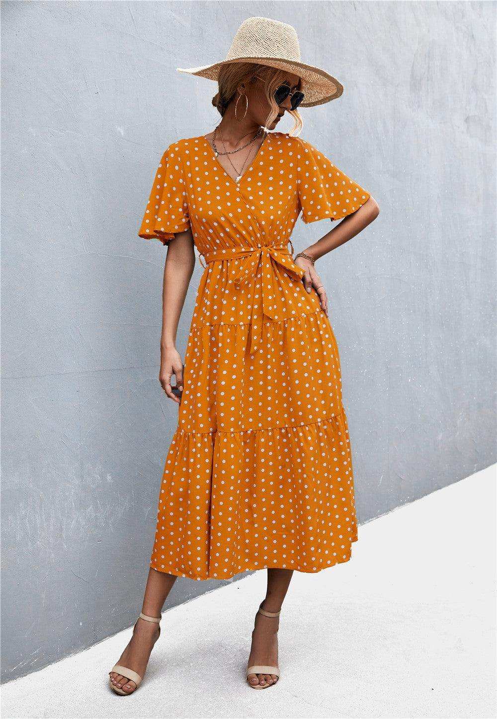 Printed V-Neck Flutter Sleeve Belted Dress - Trendsi - Flyclothing LLC