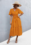 Printed V-Neck Flutter Sleeve Belted Dress - Trendsi