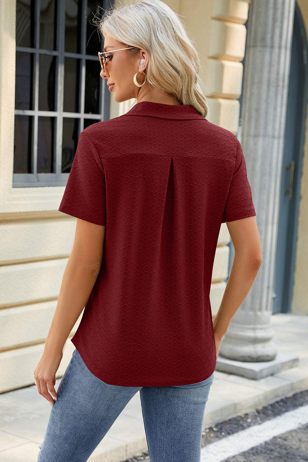 Pocketed Johnny Collar Short Sleeve Blouse - Trendsi - Flyclothing LLC