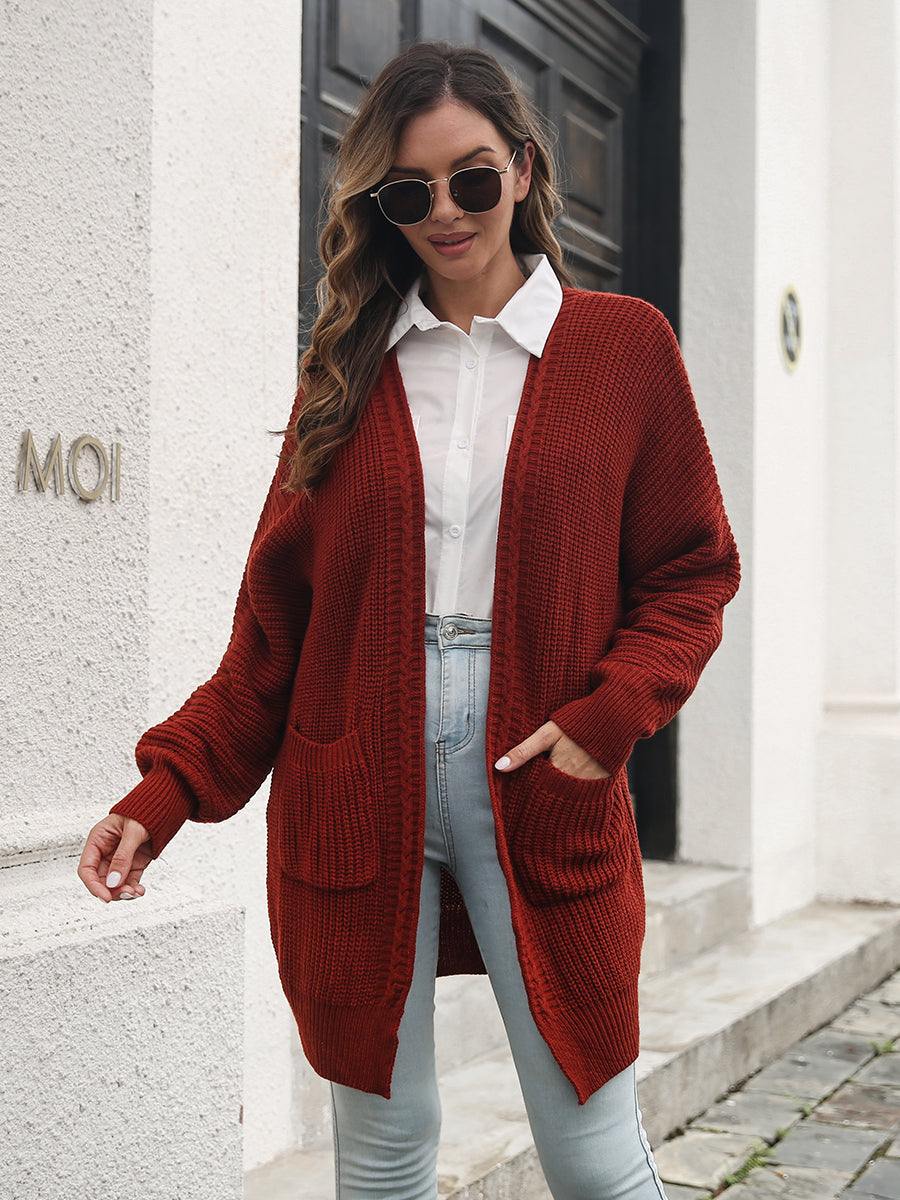 Open Front Rib-Knit Cardigan with Pockets - Trendsi
