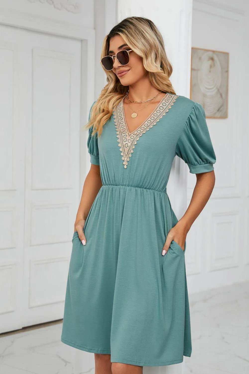 Contrast V-Neck Puff Sleeve Pocket Dress - Trendsi - Flyclothing LLC
