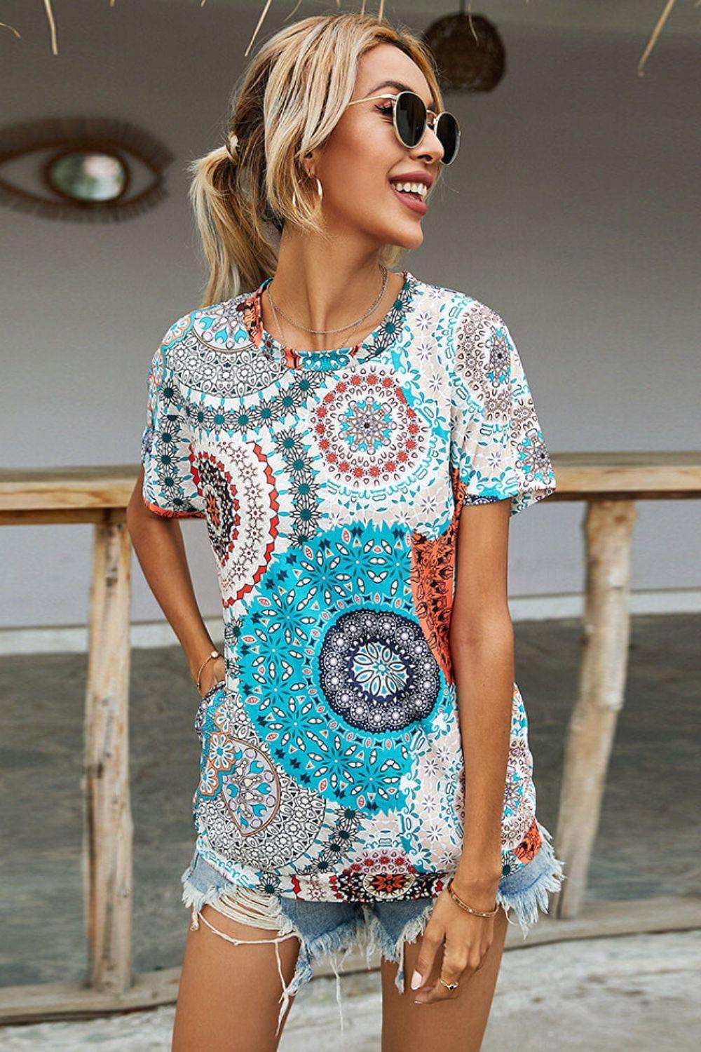 Printed Round Neck Short Sleeve Tee - Trendsi - Flyclothing LLC