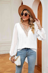 Swiss Dot Contrast V-Neck Blouse - Trendsi - Flyclothing LLC