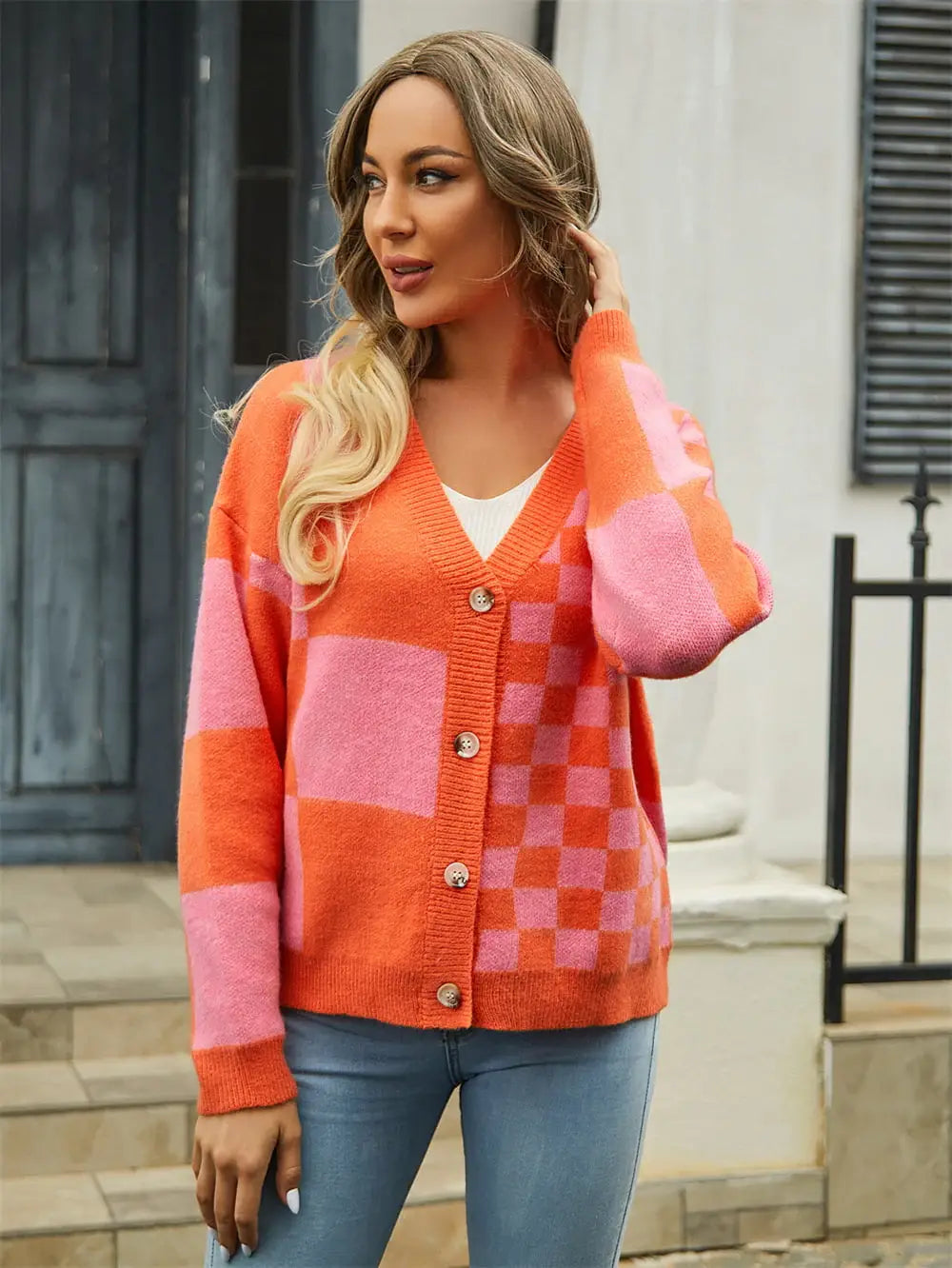 Plaid V-Neck Dropped Shoulder Cardigan - Trendsi - Flyclothing LLC
