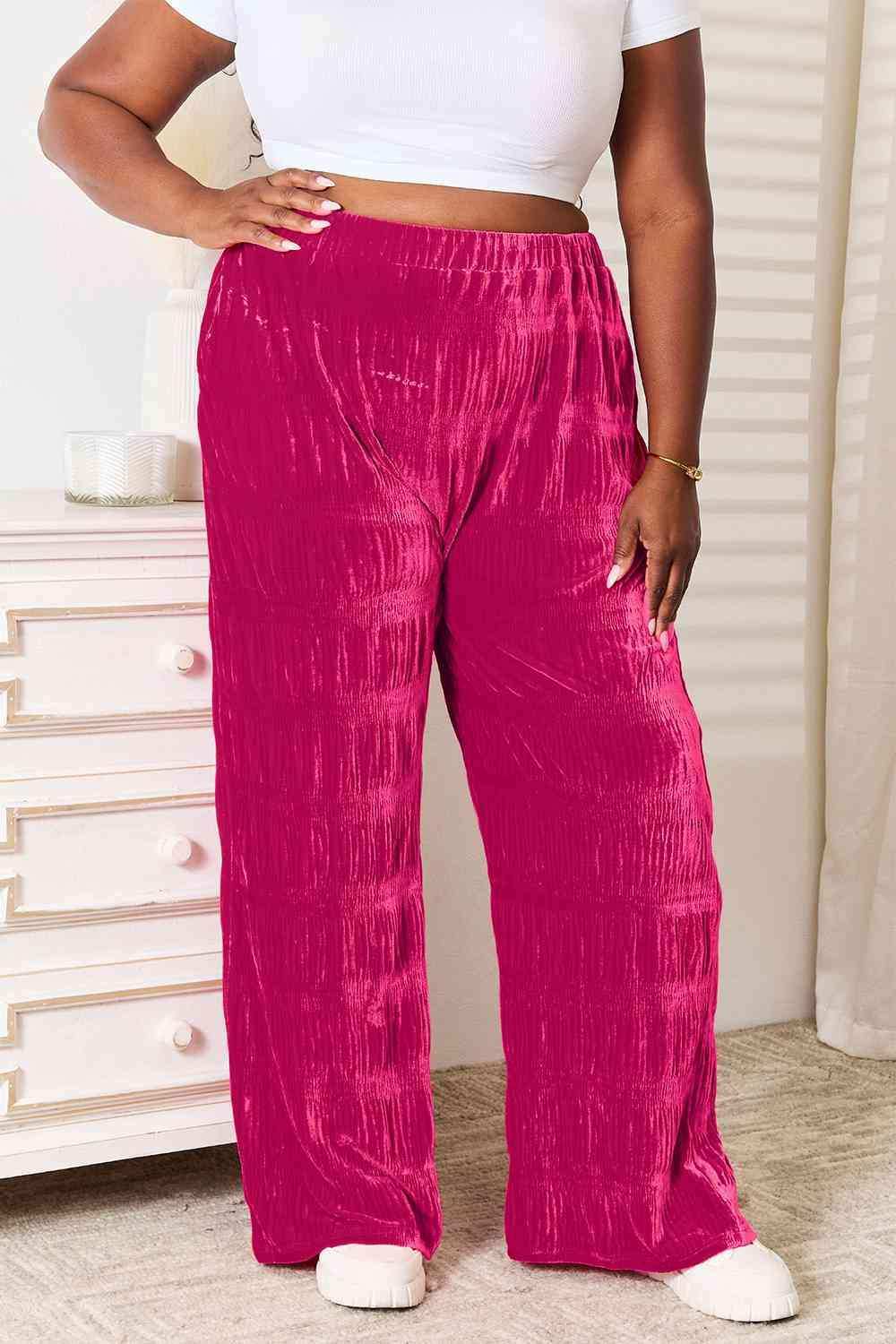 Double Take Full Size High Waist Tiered Shirring Velvet Wide Leg Pants - Trendsi - Flyclothing LLC